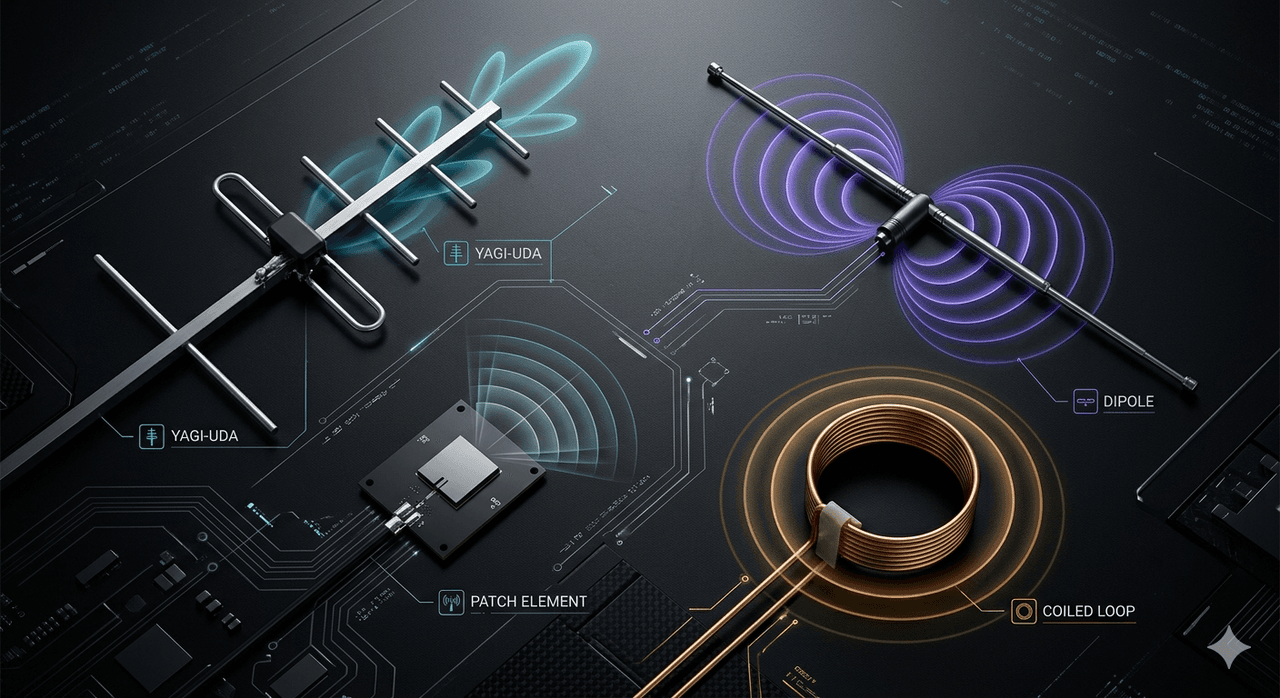 Types of antennas dipole monopole loop patch Yagi comparison RF engineering